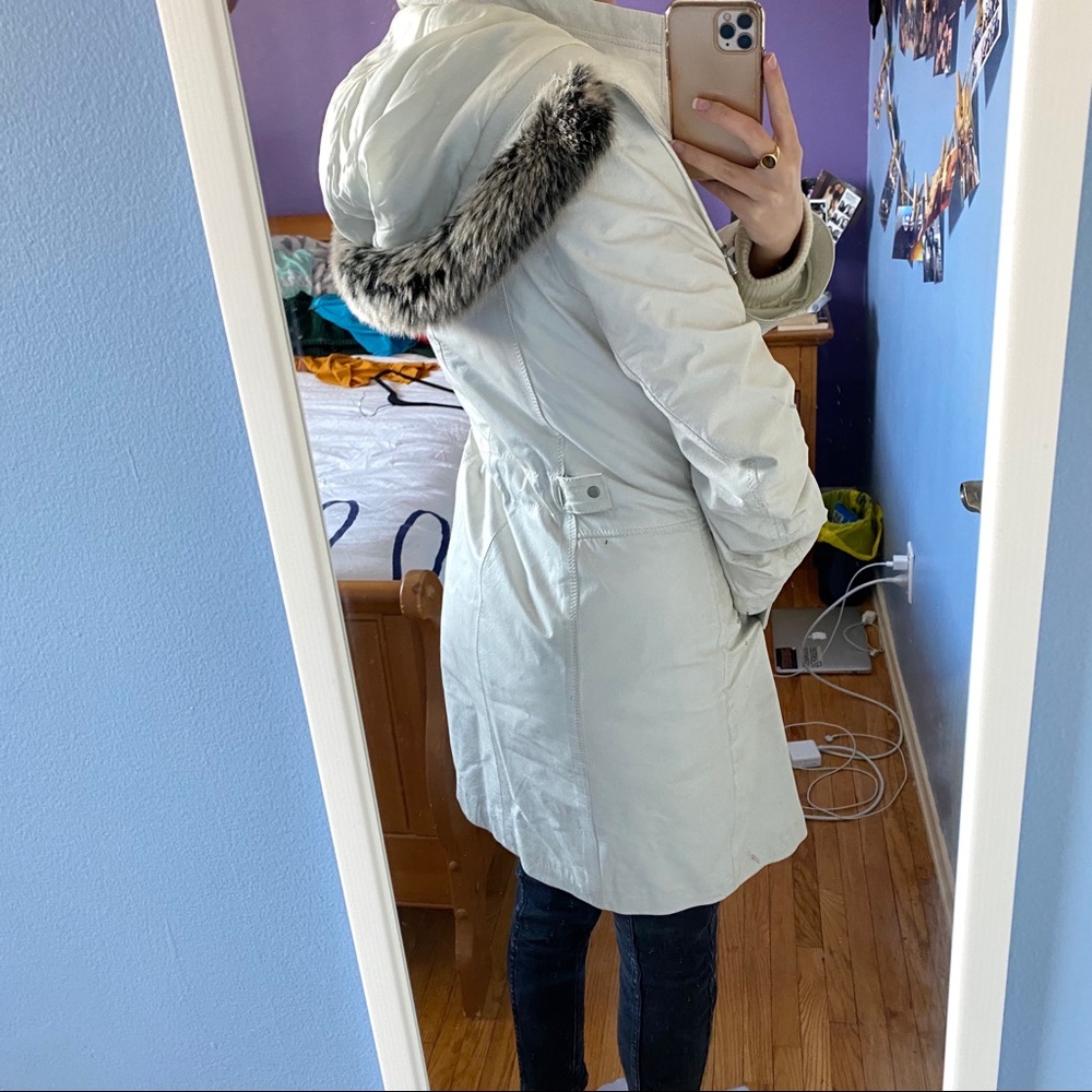 Danier Cream Hooded Lambskin Jacket with Fur Trim